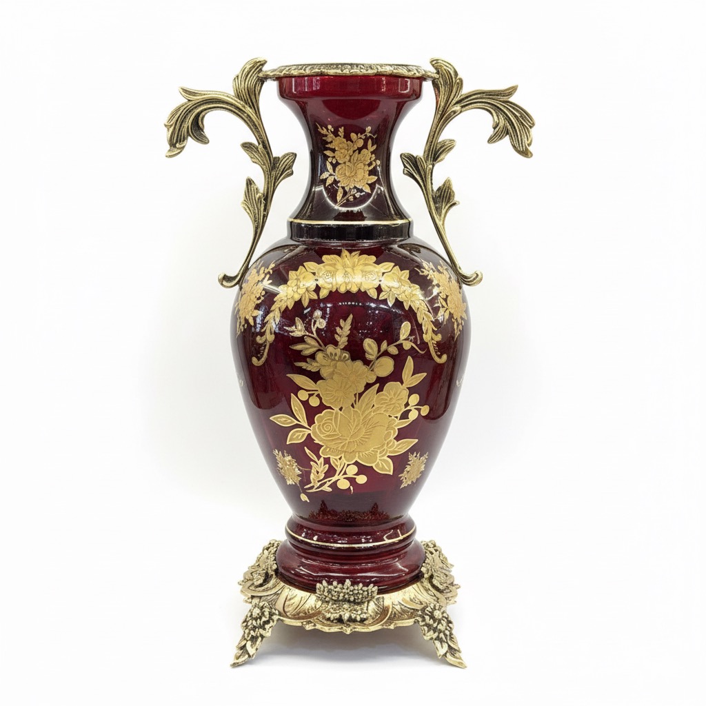 گلدان رومیزی طلا کوب برنزی زرشکی