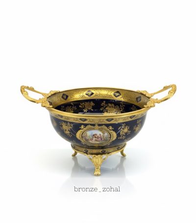 کاسه برنزی سرمه‌ای طرح ظریف با چینی سرمه‌ای و آبکاری طلایی – برنز زحل