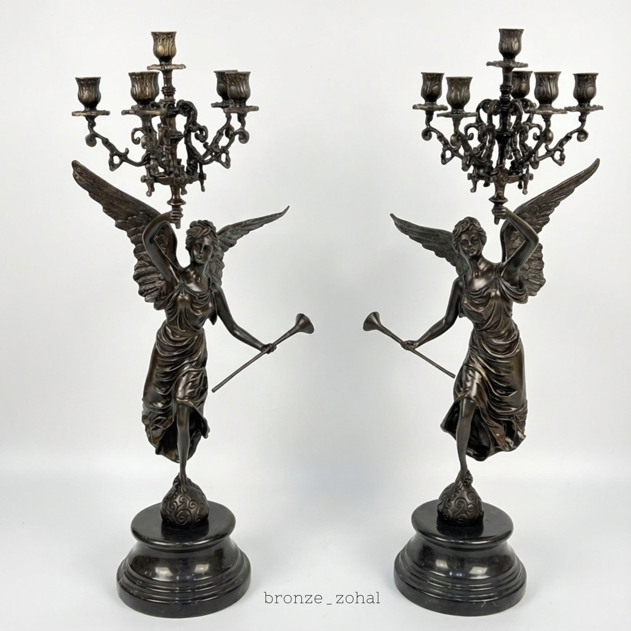 شمعدان فرشته برنزی طرح نفیر رنگ آنتیک | برنز زحل